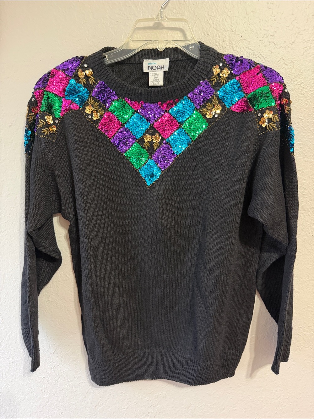 Vintage 80s 90's Sweater Pullover Dark Black Colorful Sequins cottagecore modest